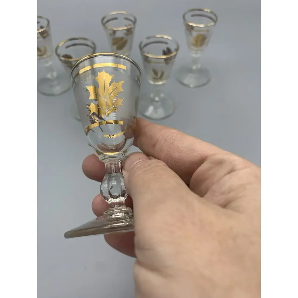 Vintage Mid Century Libbey Shot Glasses, Set Of Six, Frosted With Gold Leaf MCM